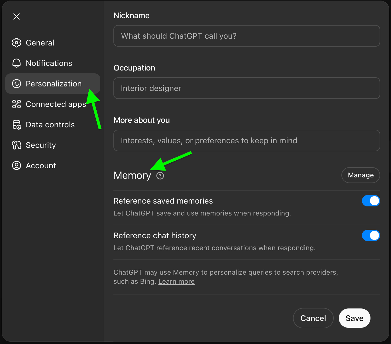 ChatGPT Basics Peronalization memory